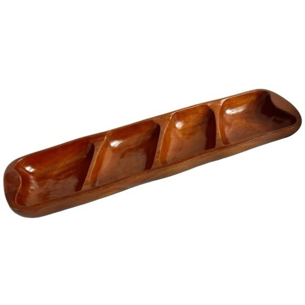Vintage Hand Carved Mahogany Wood 4 Compartment Serving Tray 19.5